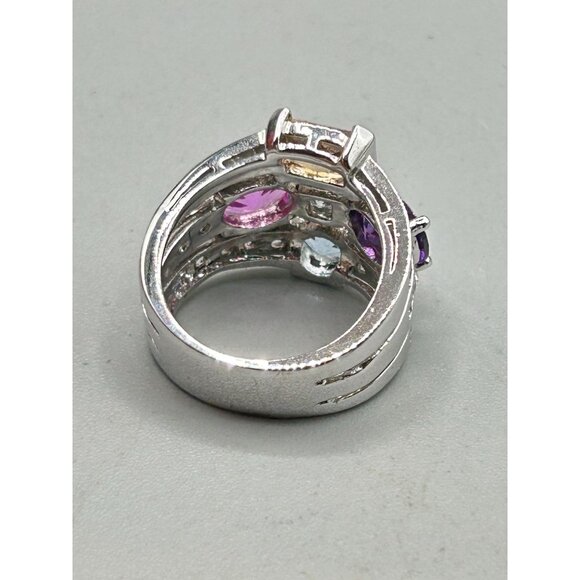 Colorful Cocktail Ring Size 7.5 Silver Tone & Glass Stones Pink Purple Tones - Picture 4 of 10